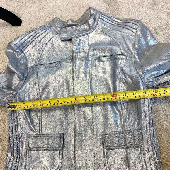 Bebe metallic silver crackled Leather Moto jacket Sz M - Picture 14 of 16